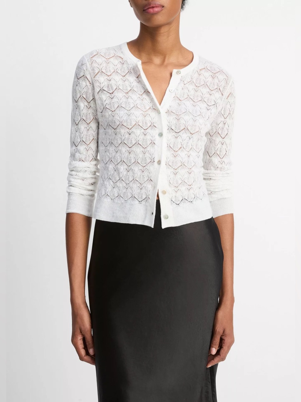 Vince Pointelle Lace-Stitch Cotton Cardigan In Optic White Size L
